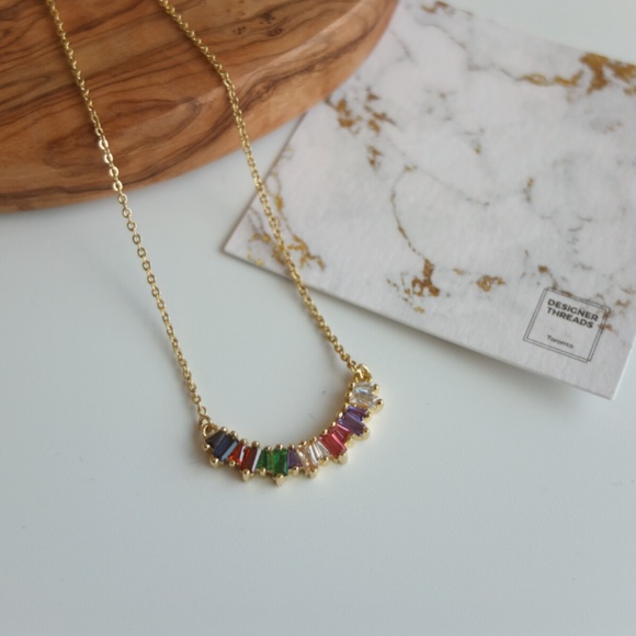 Rainbow Curve Crystal Bar Pendant Necklace - Picture 2 of 11